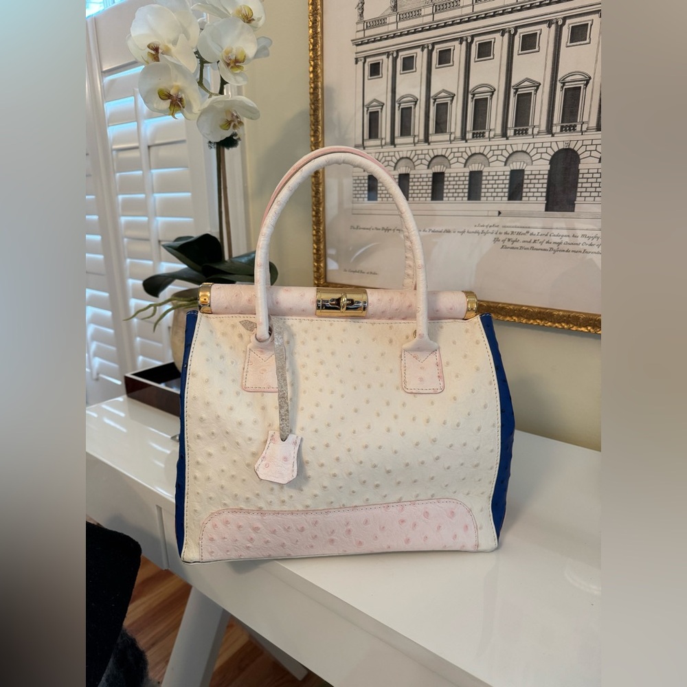 Vintage genuine leather handbag | Pink and Blue Geometric Pattern Handbag
